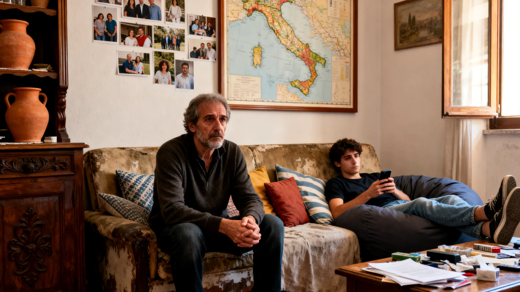 Papà che fatica a stabilire confini chiari con il figlio giovane adulto a causa di un atteggiamento eccessivamente permissivo, rischiando di compromettere la sua autonomia e senso di responsabilità"